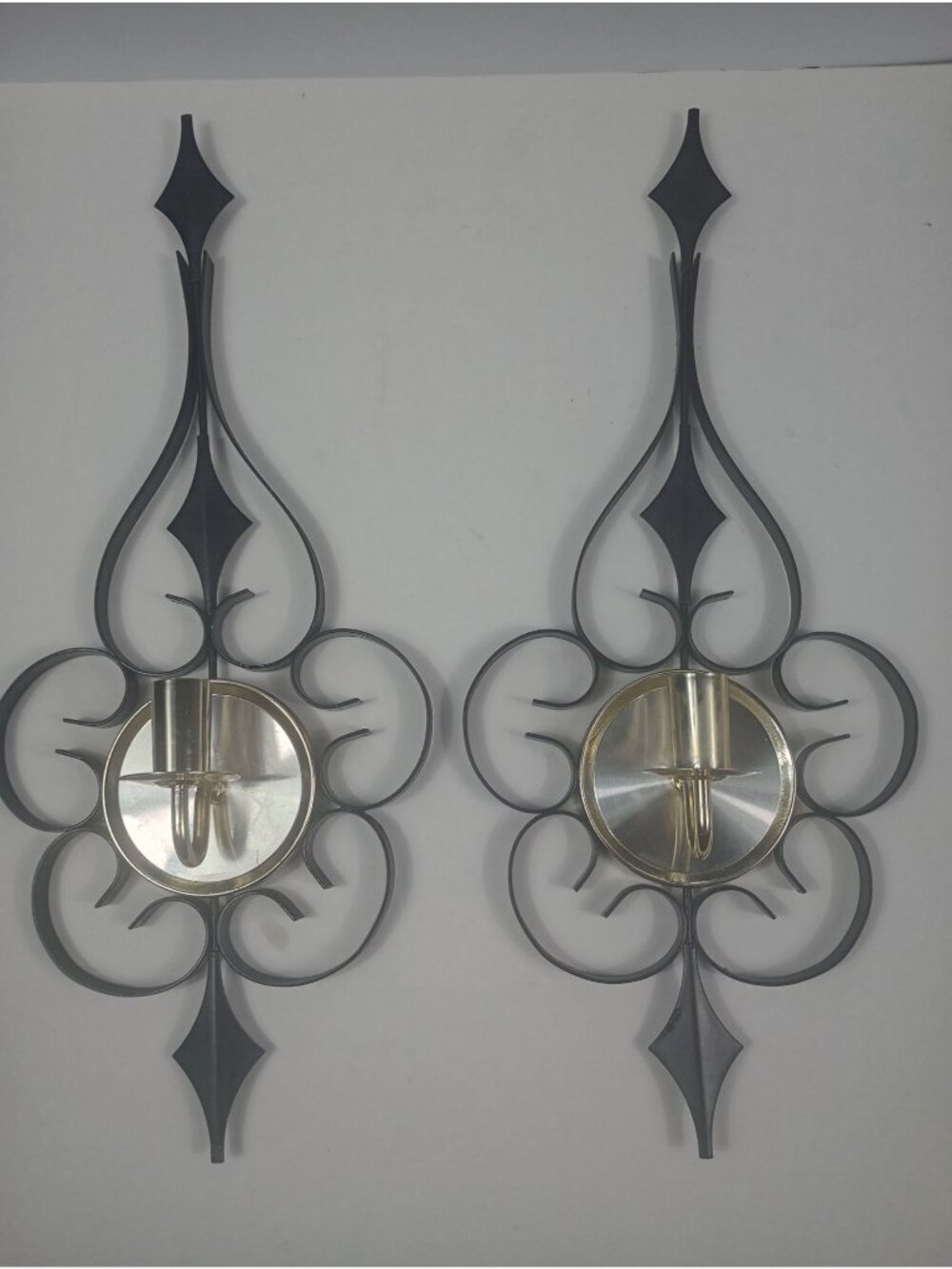 Vintage 2 PC Set of MCM Black Metal Welby Clock Wall Sconces